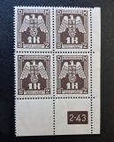 Protectoratul Boemiei și Moraviei(1943) - Bloc de 4 Timbre Oficiale (Taxă de Serviciu) 1K cu Margine și Dată de Tipar "2-43" (MINT / Neștampilat) CLK1