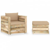 Set mobilier grădină, 2 piese, cu perne, verde, lemn impregnat