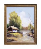 Tablou peisaj cu casa in Delta Dunarii pictat manual inramat, 55x45cm ulei pe panza, rama din lemn, Geo Ungureanu