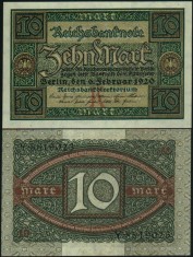 GERMANIA █ bancnota █ 10 Mark █ 1920 █ P-67A █ UNC █ necirculata