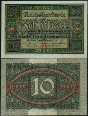 GERMANIA █ bancnota █ 10 Mark █ 1920 █ P-67A █ UNC █ necirculata foto
