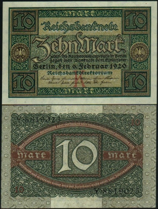 GERMANIA █ bancnota █ 10 Mark █ 1920 █ P-67A █ UNC █ necirculata