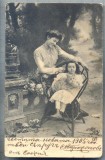 AX 493 CP VECHE-MAMA SI FICA IN TINUTA DE EPOCA SI PISICA -1905-SOFIA -BULGARIA