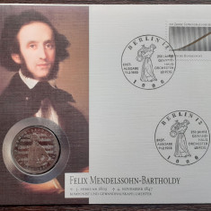 GERMANIA - FDC SI MONEDA 5 MARK 1984 J, FELIX MENDELSSOHN BARTHOLDY, MONEDA UNC