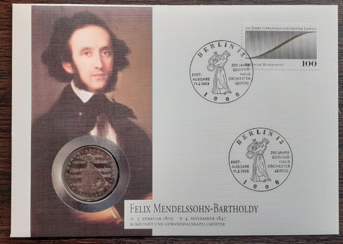 GERMANIA - FDC SI MONEDA 5 MARK 1984 J, FELIX MENDELSSOHN BARTHOLDY, MONEDA UNC