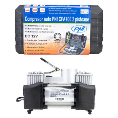 Compresor Auto PNI CPA700 dublu piston si kit reparatie anvelope Trusa Scule foto