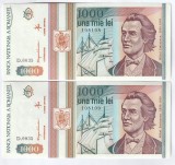 Romania, 1000 lei 1993, 2 bucati aUNC, una serie repetitiva_D.0035-108108/109