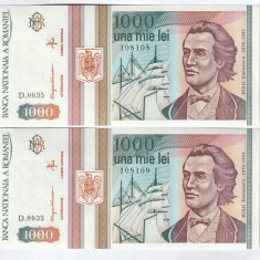 Romania, 1000 lei 1993, 2 bucati aUNC, una serie repetitiva_D.0035-108108/109