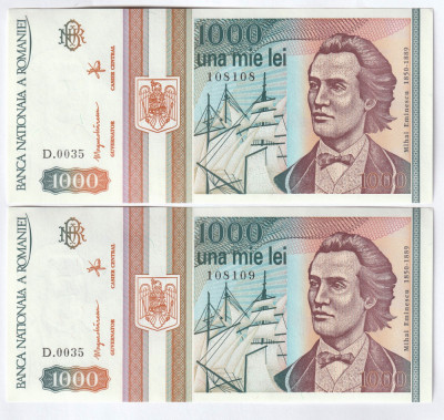 Romania, 1000 lei 1993, 2 bucati aUNC, una serie repetitiva_D.0035-108108/109 foto