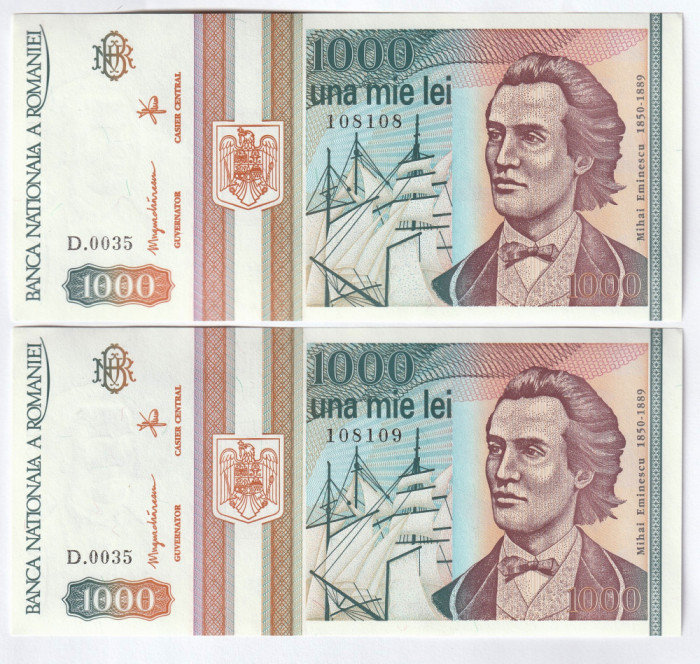 Romania, 1000 lei 1993, 2 bucati aUNC, una serie repetitiva_D.0035-108108/109