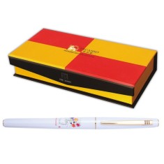 Set de Pix si Stilou cu Convertor PICASSO cu Penita din Iridiu, Placat cu Aur de 18k, Pix cu Mina Tip Roller, Ornamente Aurii, Culoare Corp Alb, Stilo foto