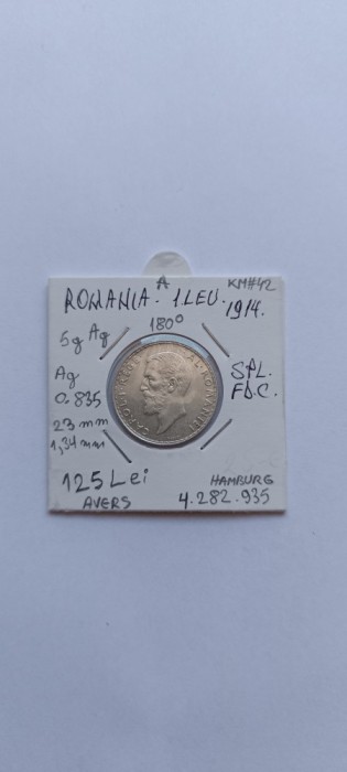 Monedă 1 Leu Argint 5g 1914 Romania
