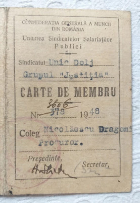 Carte de membru sindicat Justitia 1948 - Dolj, carnet vechi membru sindicat foto