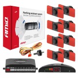 Set senzori parcare LED AMiO, 8 senzori negri interiori 16,5 mm, afisaj LED cu buzzer, raza 0-2,5 m, 12V, 40KHz