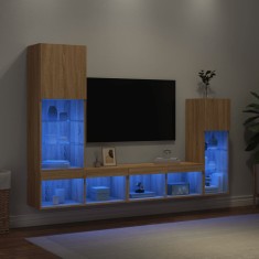 vidaXL Unități de perete TV cu LED-uri, 4 piese, stejar sonoma, lemn
