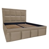 Pat tapitat Premium, 180/200 cm, crem inchis 252, cu somiera metalica rabatabila si spatiu de depozitare