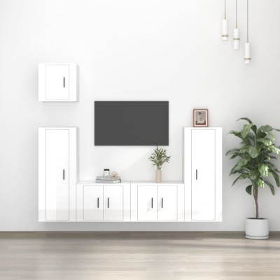 vidaXL Set dulap TV, 5 piese, alb extralucios, lemn prelucrat foto