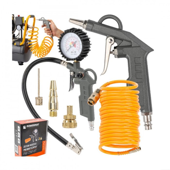 Kit pentru compresor, accesorii, pistol umflat, suflat, 6 piese, Powermat