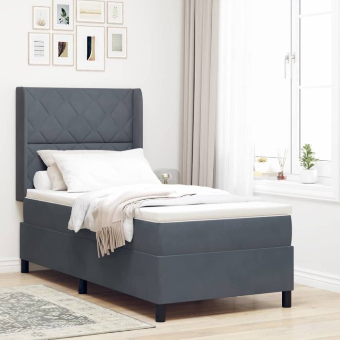 Pat cu boxă spring LED și saltea Manual Gri &icirc;nchis 100 x 200 cm
