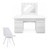Masa de toaleta/machiaj, Vanessa + scaun Mark, alb, cu oglinda si LED-uri, 130x43x143 cm