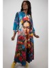 Rochie Maxi Blue Frida Multicoloră, M&acirc;necă Lungă, Buzunare, Talie Unică (S-XL), Imprimeu Frida Kahlo