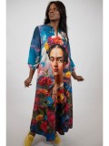 Cumpara ieftin Rochie Maxi Frida Kahlo, Buzunare, Maneca Lunga, Multicolor, Talie Unica (S-XL), Poliester, Rochie de Zi, Imprimeu Artistic