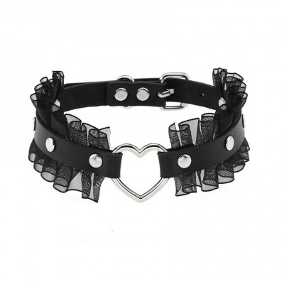 Choker negru din piele ecologica, cu dantela, tip punk/gothic/rock foto