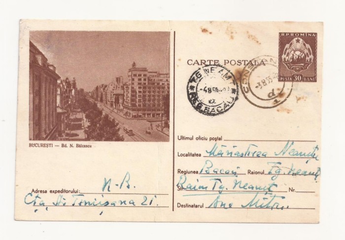 RF25 -Carte Postala- Bucuresti, Bd. N. Balcescu, circulata 1955