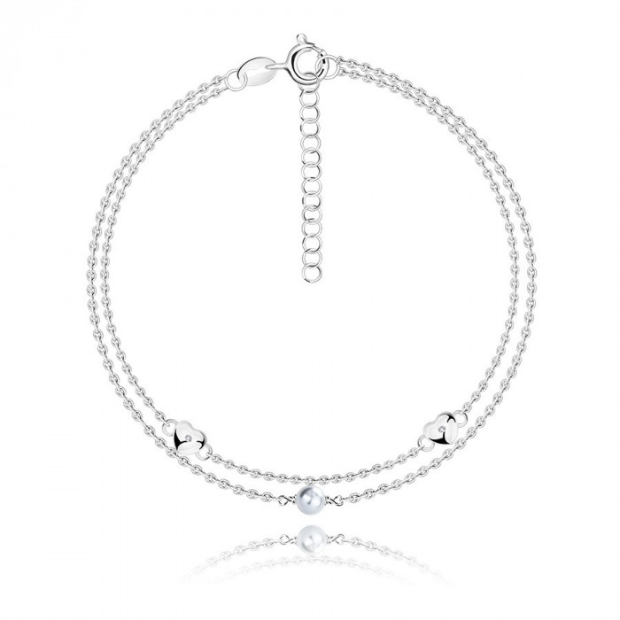 Brățară dublă din argint 925 &ndash; perlă albă sintetică, inimă convexă, zircon rotund