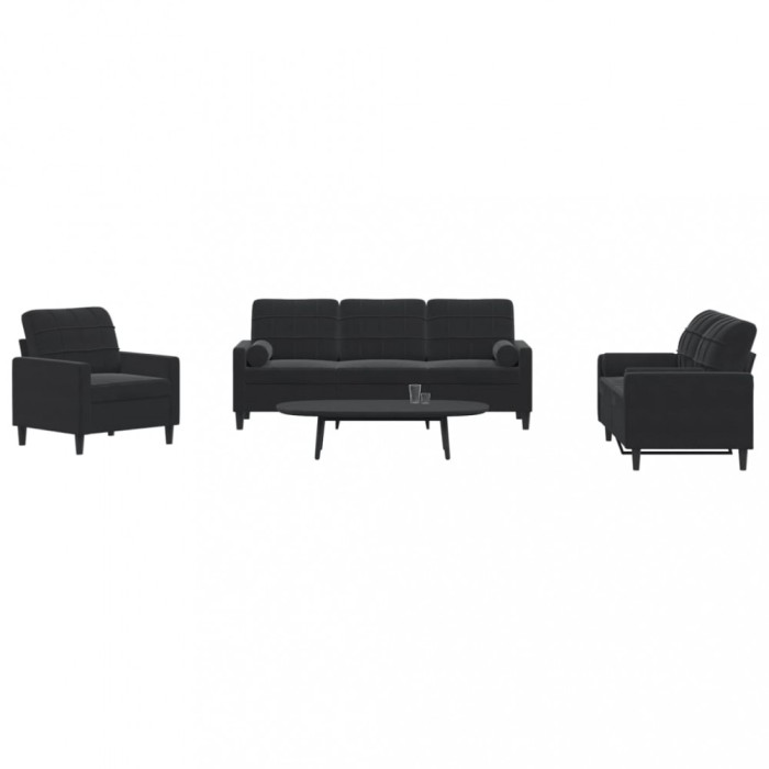 vidaXL Set de canapele cu perne/rulouri, 3 piese, negru, catifea 3278376