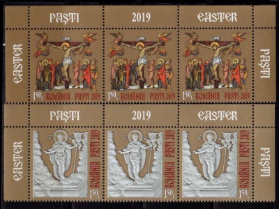 RO 2019 ,LP 2232 ,&amp;quot;Sfintele Pasti 2019&amp;quot;- serie straif de 3 sus+tabs ,MNH foto