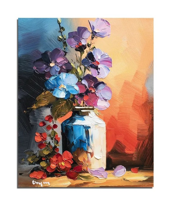 Tablou cu flori in vaza pictat manual, Emotie florala, 50x40cm ulei pe panza in cutit, Geo Ungureanu