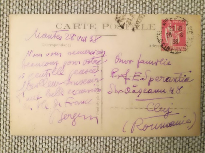CP 1938 Nantes - Cluj, către Eugeniu Speranția, sociolog, filosof, scriitor