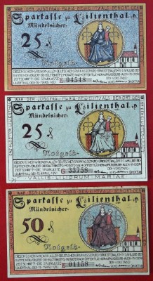 Germania lot 3 notgeld 2 x 25 + 50 pfennig 1921 Lilienthal ** foto