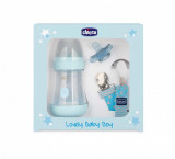 Set cadou Lovely Baby Boy biberon suzeta lantisor albastru 0luni+ Chicco