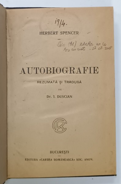 HERBERT SPENCER , AUTOBIOGRAFIE , EDITIE INTERBELICA