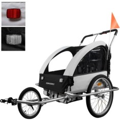 Remorca bicicleta 3in1 transport copii, 2 locuri, maxim 40 kg, plasa tantari, 150x108x90 cm, otel, oxford 600D, PU, gri/negru