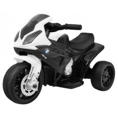 Motocicleta electrica copii, BMW, scaun piele eco, buton sunet pe volan, lumini, 6V, 18000RPM, maxim 20 kg, negru/alb