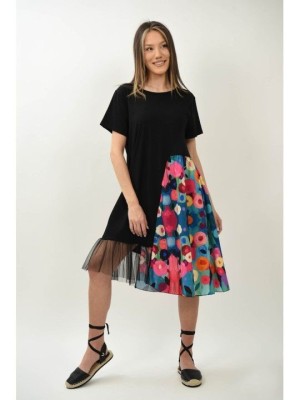 ROCHIE MIDI ASIMETRICA COMBINATA CU TUL MANECA SCURTA SPLENDIDO TALIE UNICA Negru foto