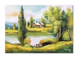 Cumpara ieftin Tablou pictat manual living, dormitor, Peisaj din natura, oaza de liniste, 70x50cm ulei pe panza, gata de expus pe perete