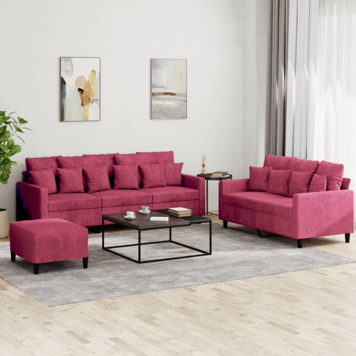 vidaXL Set canapea cu perne, 3 piese, roșu vin, catifea