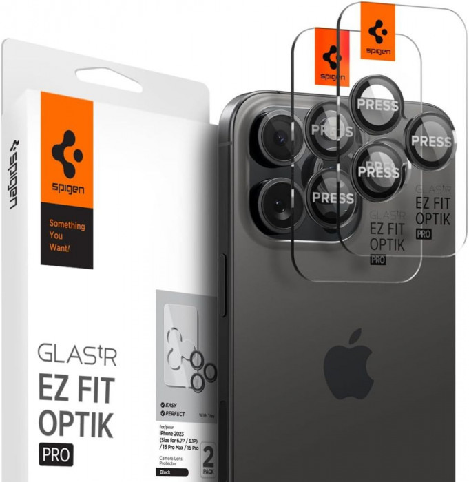 Set 2 Folii de protectie camera Spigen Optik.TR pentru Apple iPhone 14 Pro/Pro Max/15 Pro/Pro Max Negru