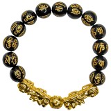 Bratara 2 Pi Xiu, mantre prosperitate pe piatra obsidian tratat 14 mm, femei barbati, elastica negru auriu