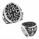 Inel din oțel cu patină, formă ovală cu striații asimetrice, Fleur de Lis - Marime inel: 61