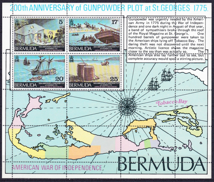 DB1 Bermuda 200 Ani Furtul Pulberii pt. Americani 1775 ( vezi textul ) MS MNH