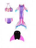 Cumpara ieftin Set Costum de baie Model Sirena cu 4 piese, include si Inotatoarea pentru fixarea cozii,Mov/Roz/Albastru, 140 cm