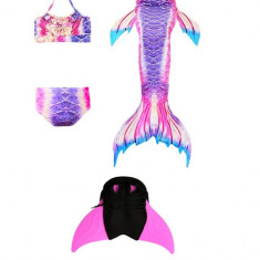 Set Costum de baie Model Sirena cu 4 piese, include si Inotatoarea pentru fixarea cozii,Mov/Roz/Albastru, 150 cm