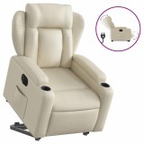 Cumpara ieftin Fotoliu rabatabil electric cu ridicare, crem, piele ecologica