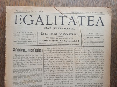 EGALITATEA, Ziar septemanal, 1899 * Director M. Schwarzfeld * Lot 37 NUMERE *** FOARTE RARE ! foto