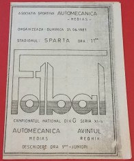 Program meci fotbal "AUTOMECANICA" MEDIAS - "AVINTUL" REGHIN(21.06.1987)